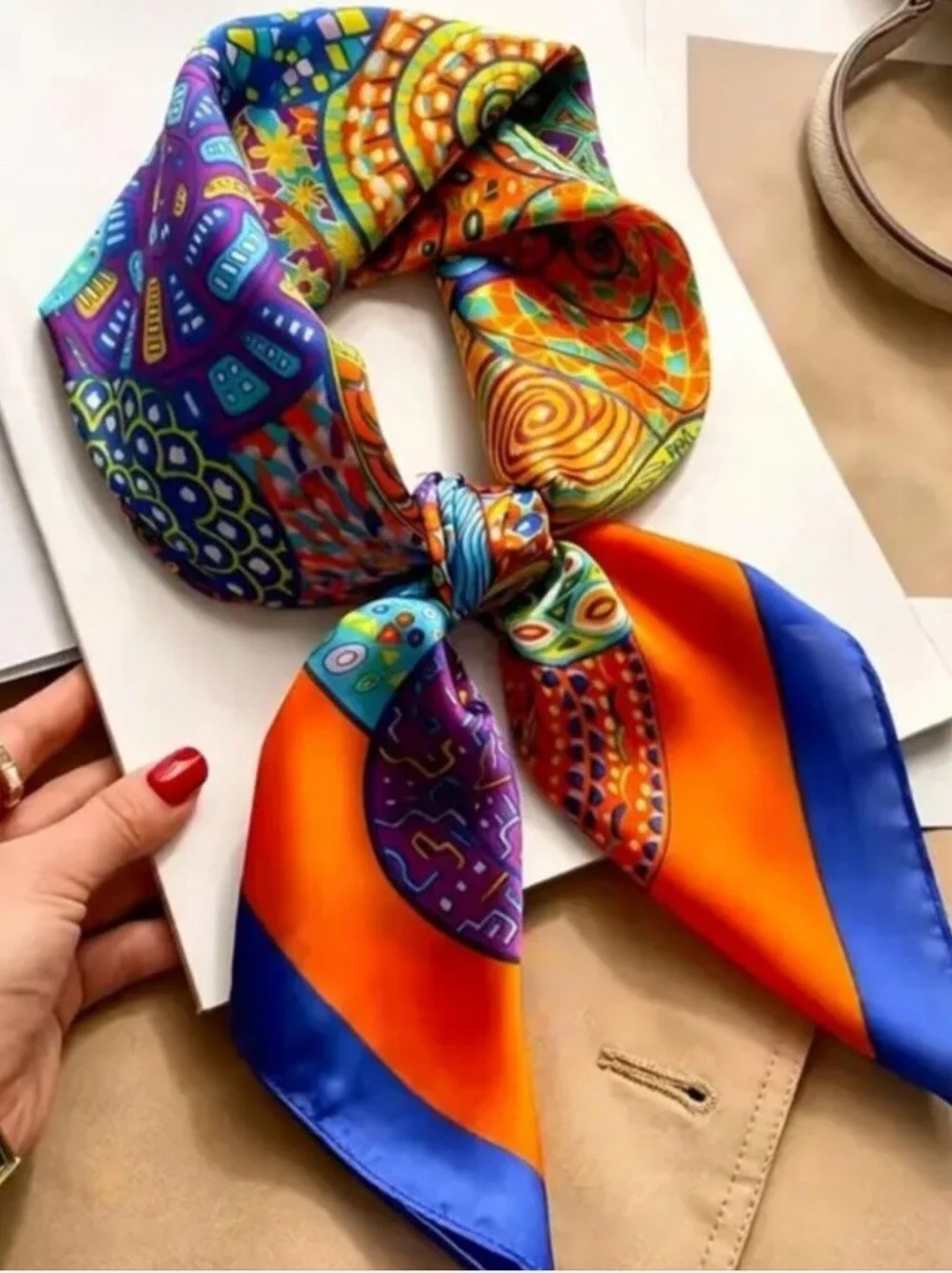 Vibrant Orange Multicolor Printed Silk Scarf